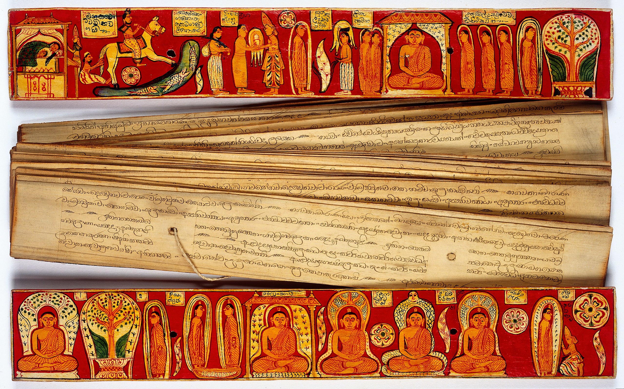 Illustrated Sinhalese covers (inside), and palm leaf pages, showing the events between the Bodhisattva's renunciation and the request by Brahma Sahampati that he teach the Doctrine after he becomes a Buddha.